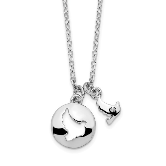 Closeout! 925 Sterling Silver CZ Cut Out Dove & Dangle Charm Necklace, 18 inch - Picture 1 of 3
